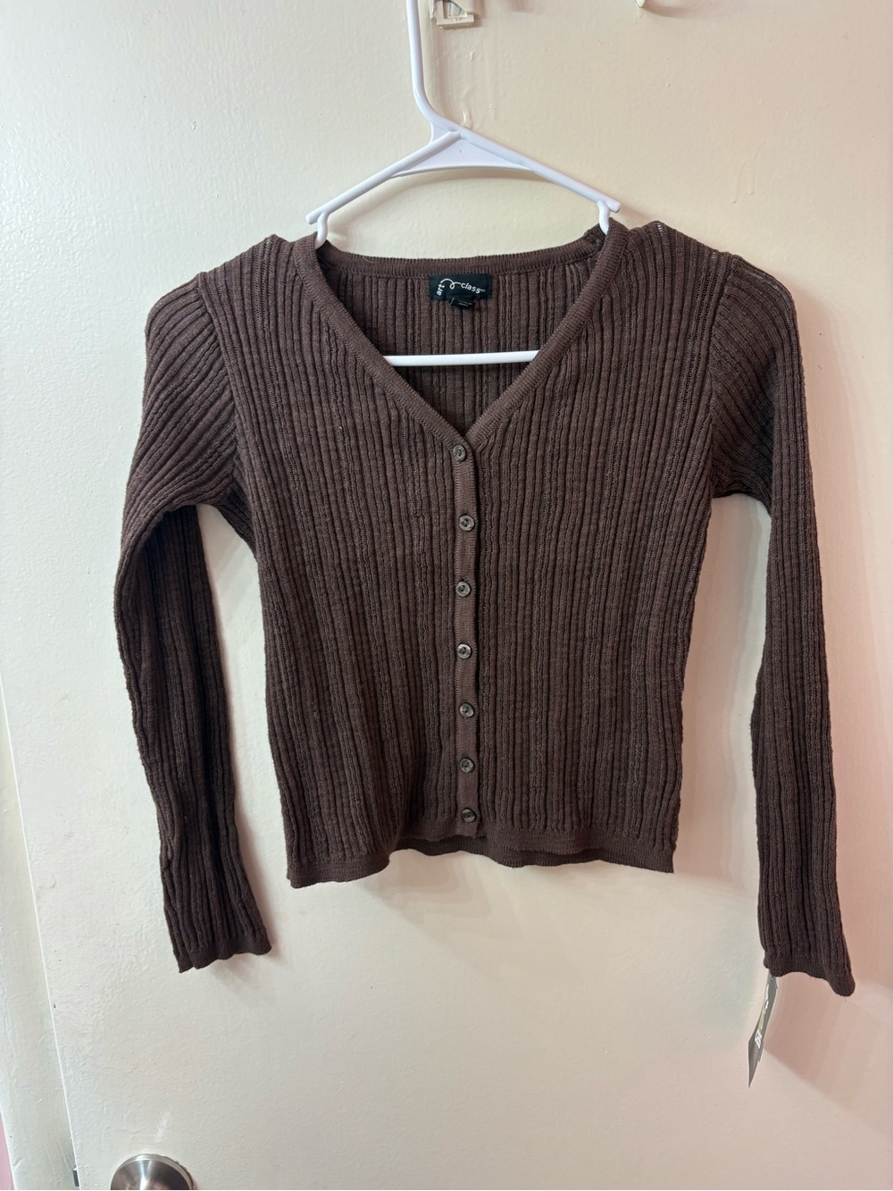 art class Brown Ribbed Button-Front Kids Cardigan